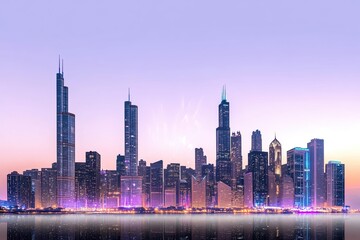 The Chicago skyline in silhouette during dusk, with golden sunlight breaking through the structures, set against a white background, symbolizing the beauty of cityscapes