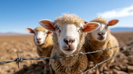 Obraz premium A charming trio of sheep positioned at a barbed wire fence captures the essence of rural life, highlighting their personalities against a sunlit arid landscape's expanse.