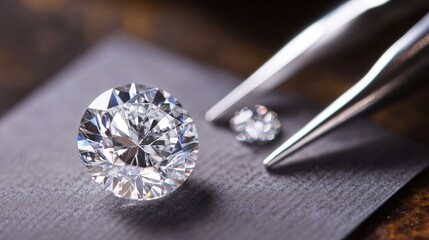 Laboratory grown diamond certificate displayed with tweezers for grading and quality assessment