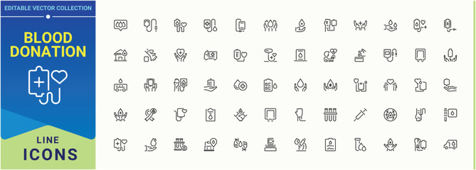 Blood Donation icon. It contains symbols to donation, volunteer, blood, medical, care, heart and more. Set of line pictogram. Health icon collection. Vector illustration. Pixel perfect.