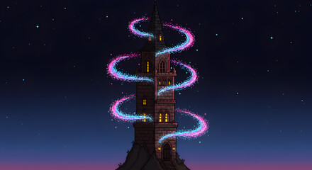 Obraz premium Pixel art wizard's tower illuminated by ethereal swirls against the twilight sky