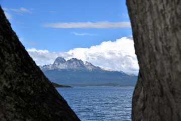 View at Tierra del Fuego Argentina with mountain framed by trees