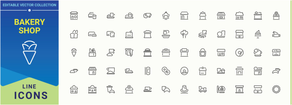 Bakery Shop vector line icon set. Contains such icons as baker, food, cook, croissant, pie. Set of line pictogram. Bake icon set. Editable vector art and illustration.