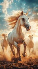 Obraz premium Wild white horses charging across a dusty landscape at sunset with dramatic skies