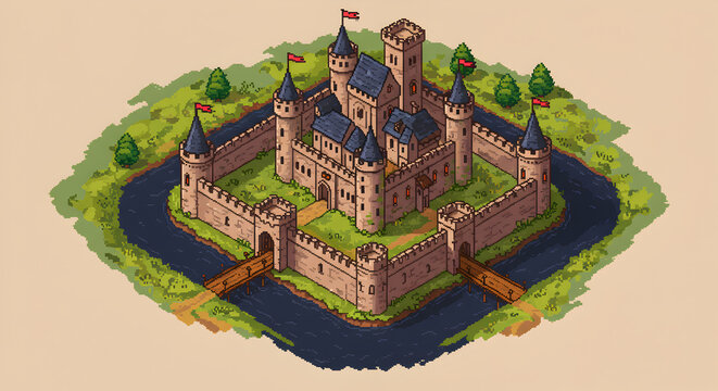 Isometric pixel art of a medieval castle with a moat surrounding it
