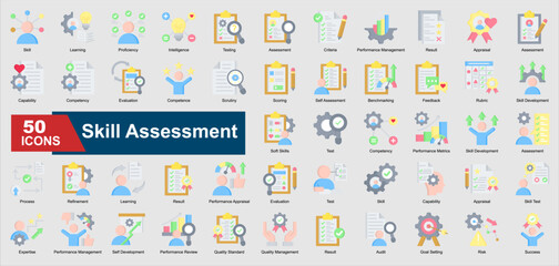 A collection set of flat Skill Assessment icons. Includes proficiency, testing, evaluation, performance review, feedback, and more. Perfect for illustration and design.