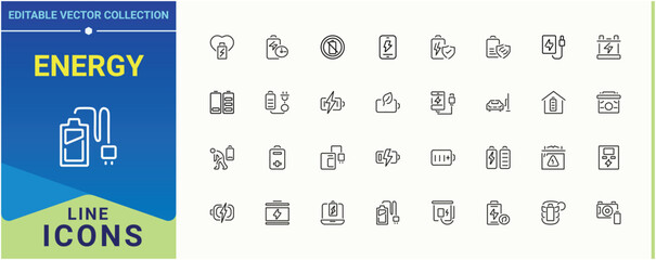 Energy icon set. Includes symbols for power, charge, electrical, charger, batterie and more. Battery icon collection. Collection of simple line web icons. Vector illustration in modern line style.