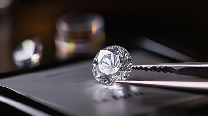 Laboratory grown diamond grading certificate displayed with tweezers for enhanced examination