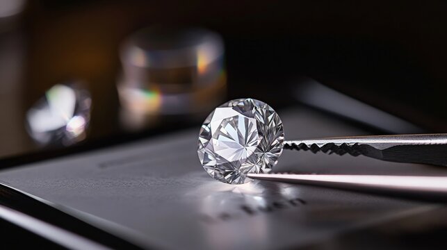 Laboratory grown diamond grading certificate displayed with tweezers for enhanced examination