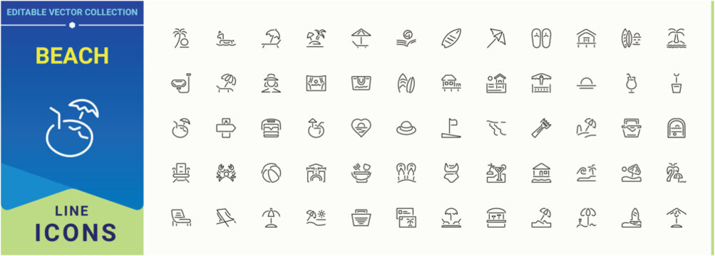 Beach related icon set. Contains such symbols as river, sun, sea, vacation and more. Thin web icons. Beach modern icon. Editable vector art and illustration.