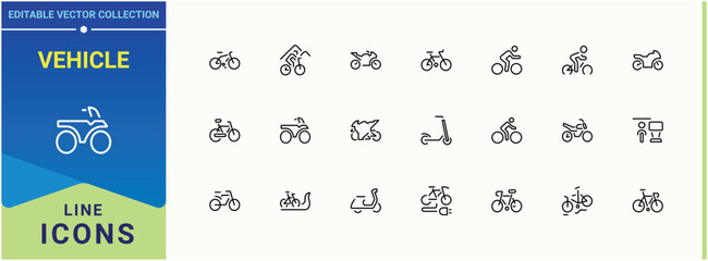 Vehicle icon set in linear style. Contains such symbols as sport, bicycle, cycle, ride, transportation, transport and more. Bike modern icon set. Icons for application. Editable stroke collections.