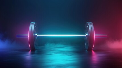 Barbell with weights on gym floor under dramatic neon lights for strength training and bodybuilding visuals