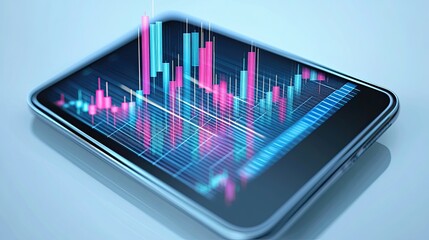 A mobile phone showcasing a 3D visualization of a financial chart with tech-inspired design elements