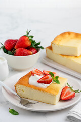 Cottage cheese casserole with sour cream and strawberries for breakfast. Healthy delicious dessert. Selective focus