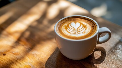 Enjoying Latte Art Coffee on Wooden Table with Sunlight Reflections