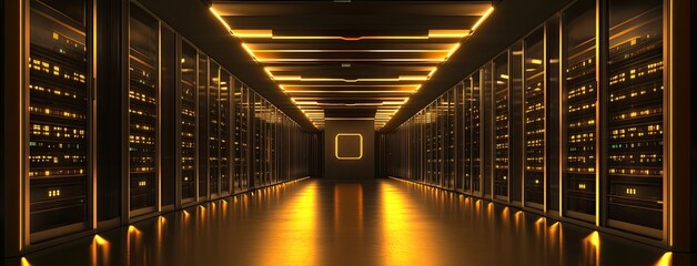 A detailed 3D visualization of a data center server room, showcasing backup infrastructure, mining setups, hosting platforms, mainframes, and storage-equipped computer racks