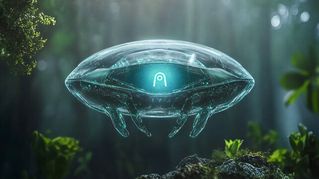 Advanced cybersecurity drone monitoring the forest in a futuristic setting