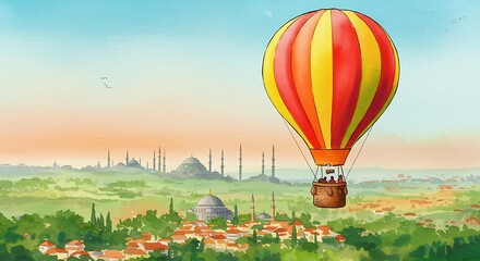 Fototapeta premium Vivid Ascent: Striped Hot Air Balloon over Scenic Landscape