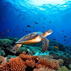 Fototapeta premium Sea Turtle Swimming Over Colorful Coral Reef