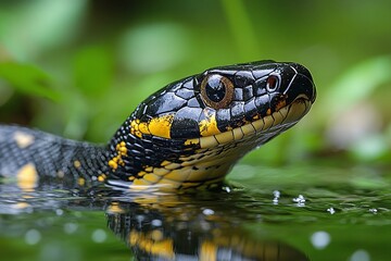 Obraz premium Close-up of a black and yellow snake's head emerging from the water. The snake's scales and eye are in sharp focus, with a blurred green background.
