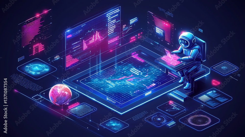 Poster futuristic astronaut working on a complex digital interface. a holographic display system with vario