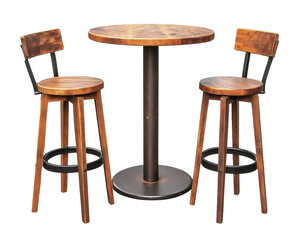 Wooden Bar stools with high table. Round wooden table and two chairs bar isolated. Bar Table and Round Bar Table. Pub Dining Table