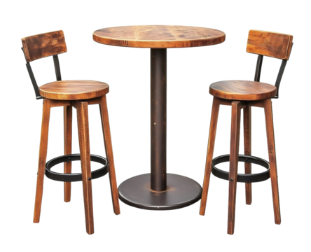 Wooden Bar stools with high table. Round wooden table and two chairs bar isolated. Bar Table and Round Bar Table. Pub Dining Table