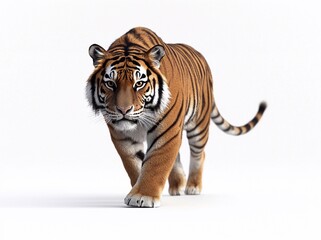 Obraz premium Majestic tiger walks confidently on a white background showcasing its powerful physique and striking appearance