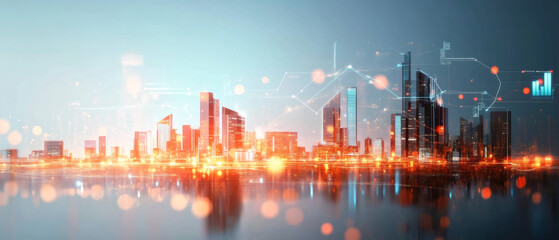 A futuristic city skyline with abstract data visualizations and glowing elements representing technology and analytics.