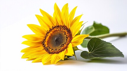 Bright yellow sunflower with green leaves on a white background in a close-up view