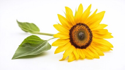 Obraz premium Bright sunflower with vibrant yellow petals and green leaves resting on a white background