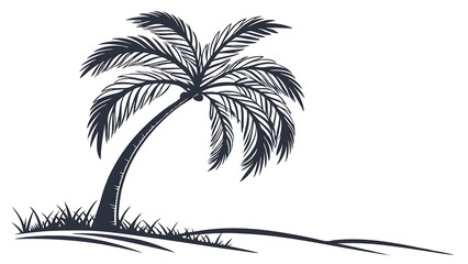 Illustration of a Palm Tree on the Beach, Minimalist Style Drawing of Tropical Landscape