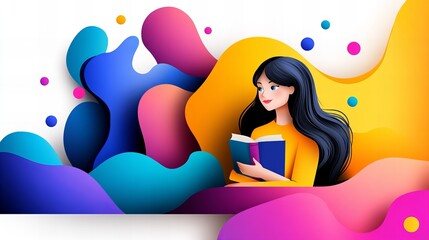 Young woman engrossed in a book against a vibrant, colorful background.