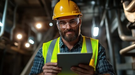 A construction worker wearing a safety helmet and glasses focuses on a tablet while showcasing a modern and tech-savvy approach to construction and site management.