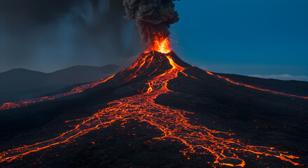 Spectacular volcanic eruption cascading lava river at night landscape scenery