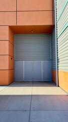 modern industrial building with concrete walls and steel beams features wide loading dock area semi trucks backed in open bays bright overhead lights urban setting functional work environment