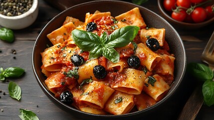 Close up view of delicious pasta with tomato sauce and olives