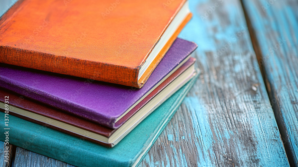 Poster Close-up of a stack of colorful notebooks with textured covers, resting on a rustic wooden surface.  Illustrates concepts of knowledge, learning, and organization.