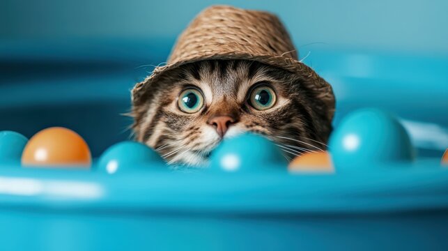 A playful tabby kitten peeks over colorful balls while wearing a straw hat in a blue pool, embodying a light-hearted and cheerful atmosphere in a summer-inspired environment.