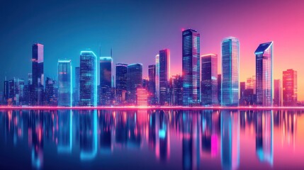 Obraz premium Futuristic cityscape with vibrant neon reflections creating a modern skyline