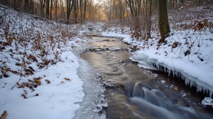 Fototapeta premium A serene scene of a snowy forest with a frozen stream running through it