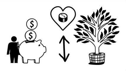 Fototapeta premium Vector style icon illustration, symbolic financial elements coins, piggy bank, hand giving money