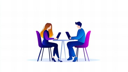Fototapeta premium A young woman and man sit at a small table, working on their laptops. They are dressed in business casual attire.