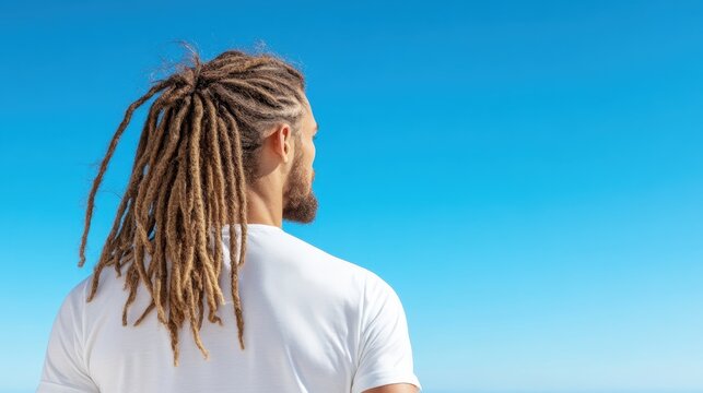 Captured from behind, a man with long dreadlocks stands by a tranquil ocean, embracing the calming blue waters and open sky, representing peace and adventure in nature.