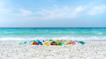 Obraz premium Colorful Sea Glass Collection On White Sand Beach
