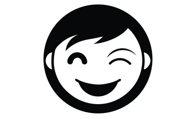 Winking smiley face silhouette, Winking Smiley Face Emoji Icon Illustration, Simple black-and-white winking smiley face emoji, conveying a playful and cheerful expression, ideal for messaging 