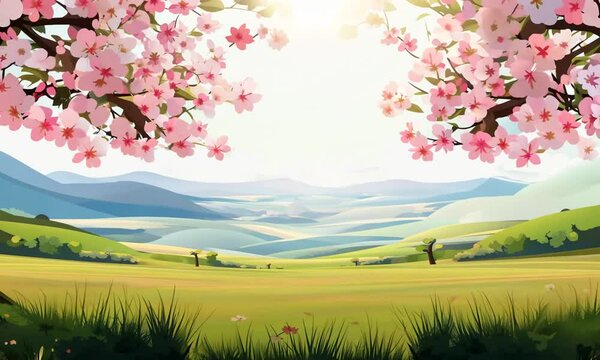 AI generated Beautiful spring nature landscape and cherry blossom tree animated background in Japanese anime style. seamless looping video animated background