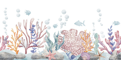 Watercolor illustration of an underwater Seabed with colorful corals, fish, bubbles, and sea plants. Drawing of seamless Pattern with seaweeds for borders or nursery wall art. Art for baby design. © Alisles