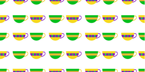 Seamless pattern with cups on a white background. Background with vector illustration in yellow and green colors