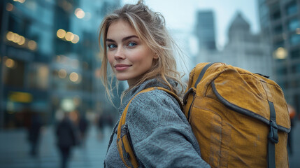 Woman walking in urban street wearing casual outfit with large slouchy bag during sunset